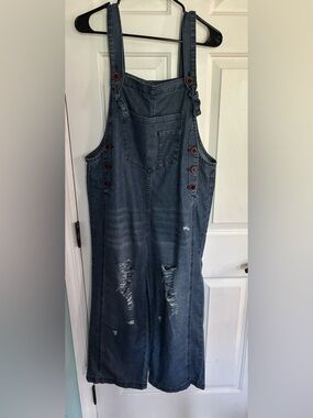 Denim Distressed Overalls Jumpsuit - Blue